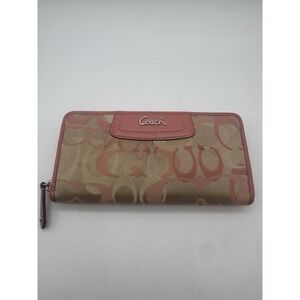 Coach Signature Leather Trim Zip Around Accordion Wallet Pink Big Logo‎